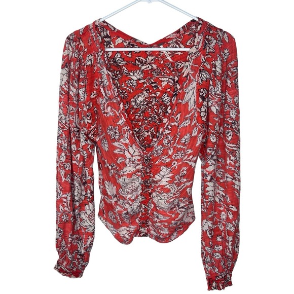 Free People Say the Word Top SMALL S Red Floral Peasant Sleeve Ruched Boho - Picture 3 of 10